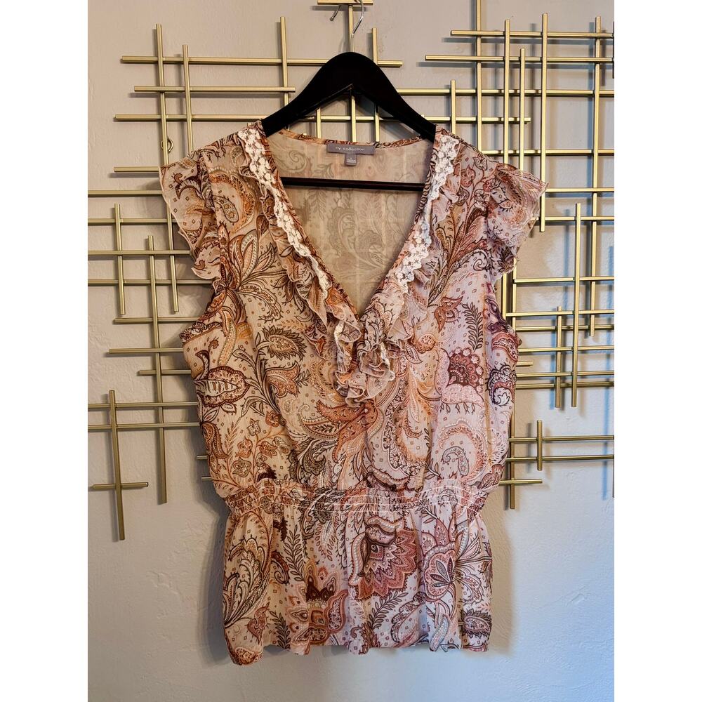 NY Collection Boho Paisley Ruffle Peplum Blouse Size Large